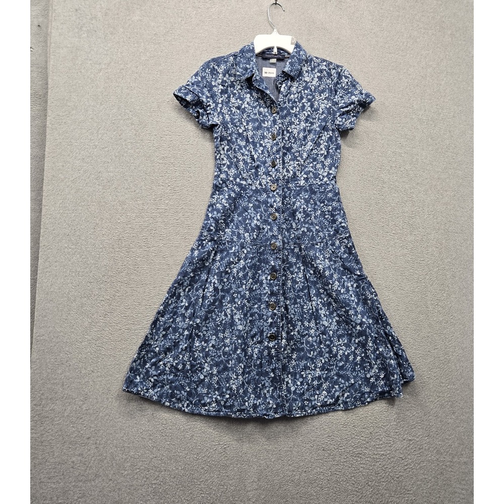 Tommy Hilfiger Women Dress 2 Blue Floral Knee Length Shirt Denim Button Up